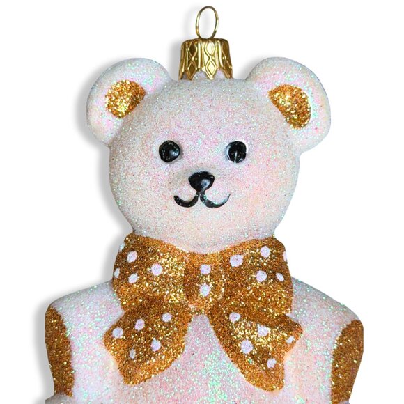 Sparkling White Gold Glass Teddy Bear Christmas Ornament Glittery Heirloom Decor - Picture 3 of 7